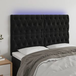 Tăblie de pat cu LED, negru, 144x7x118/128 cm, catifea