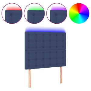 Tăblie de pat cu LED, albastru, 90x5x118/128 cm, textil