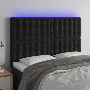 Tăblie de pat cu LED, negru, 144x5x118/128 cm, catifea