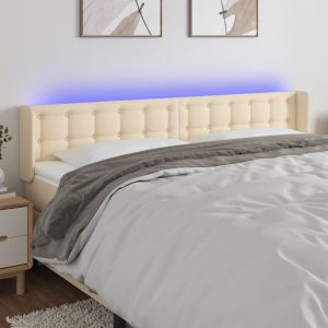 Tăblie de pat cu LED, crem, 163x16x78/88 cm, textil