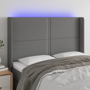Tăblie de pat cu LED, gri închis, 147x16x118/128 cm, textil