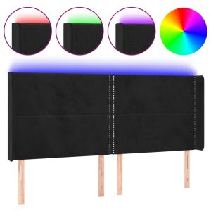 Tăblie de pat cu LED, negru, 183x16x118/128 cm, catifea