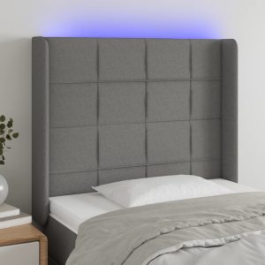 Tăblie de pat cu LED, gri închis, 93x16x118/128 cm, textil