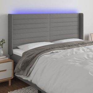 Tăblie de pat cu LED, gri închis, 163x16x118/128 cm, textil