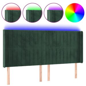 Tăblie de pat cu LED, verde închis, 183x16x118/128 cm, catifea