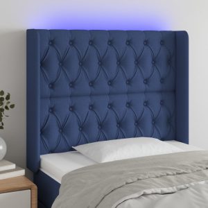Tăblie de pat cu LED, albastru, 103x16x118/128 cm, textil