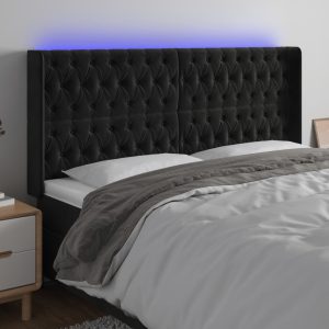 Tăblie de pat cu LED, negru, 183x16x118/128 cm, catifea
