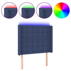 Tăblie de pat cu LED, albastru, 103x16x118/128 cm, textil