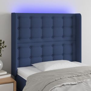 Tăblie de pat cu LED, albastru, 103x16x118/128 cm, textil