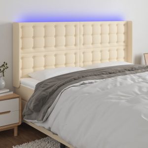 Tăblie de pat cu LED, crem, 183x16x118/128 cm, textil