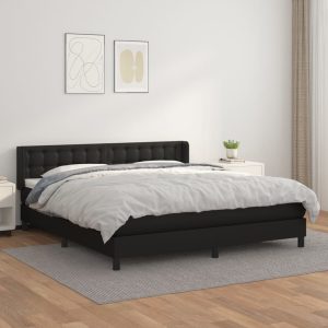 Pat box spring cu saltea, negru, 160×200 cm, piele ecologică