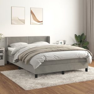 Pat box spring cu saltea, gri deschis, 140×200 cm, catifea