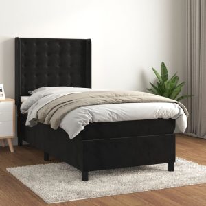 Pat box spring cu saltea, negru, 90×200 cm, catifea