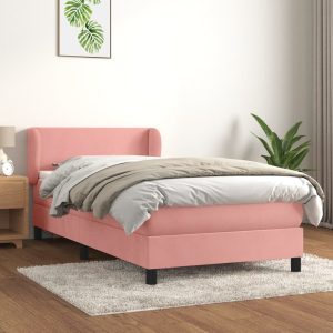 Pat box spring cu saltea, roz, 100×200 cm, catifea