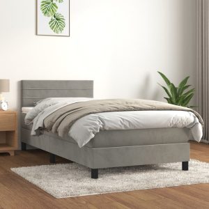 Pat box spring cu saltea, gri deschis, 90×200 cm, catifea