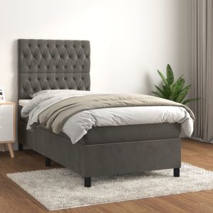 Pat box spring cu saltea, gri închis, 80×200 cm, catifea
