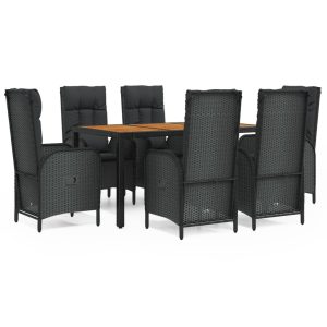 Set mobilier de grădină cu perne, 7 piese, negru, poliratan