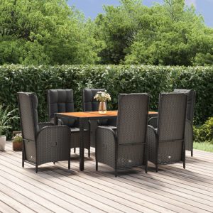 Set mobilier de grădină cu perne, 7 piese, negru, poliratan