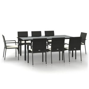 Set mobilier de grădină cu perne, 9 piese, negru, poliratan