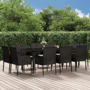Set mobilier de exterior cu perne, 11 piese, negru, poliratan