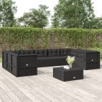 Set mobilier de grădină cu perne, 9 piese, negru, poliratan