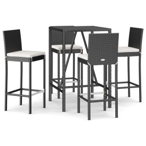 Set mobilier bar de grădină cu perne, 5 piese, negru, poliratan