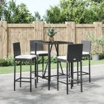 Set mobilier bar de grădină cu perne, 5 piese, negru, poliratan