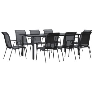 Set mobilier de grădină, 9 piese, negru, oțel și textilenă