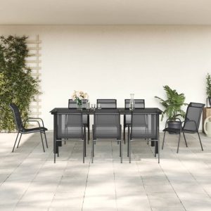 Set mobilier de grădină, 9 piese, negru, oțel și textilenă