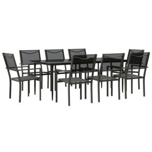Set mobilier de grădină, 9 piese, negru, oțel și textilenă