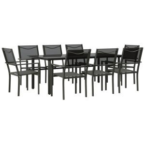 Set mobilier de grădină, 9 piese, negru, oțel și textilenă