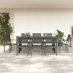 Set mobilier de grădină, 9 piese, negru, oțel și textilenă
