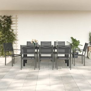 Set mobilier de grădină, 9 piese, negru, oțel și textilenă