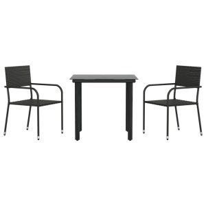 Set mobilier de grădină, 3 piese, negru, poliratan și oțel