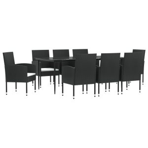 Set mobilier de grădină, 9 piese, negru, poliratan și oțel