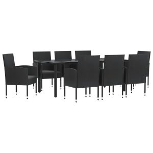 Set mobilier de grădină, 9 piese, negru, poliratan și oțel